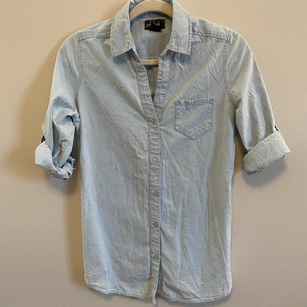 Confess Denim Light Wash Long Shirt With Button Design and Pleat in Back Size M